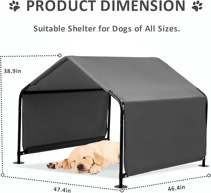 Dog Shade Shelter Outdoor Deep Grey Tent for Large Medium Dogs, 4'x4'x3' Outside Sun Rain Canopy Pet House for Cats Pigs Livestock with Waterproof Roof Ground Nails