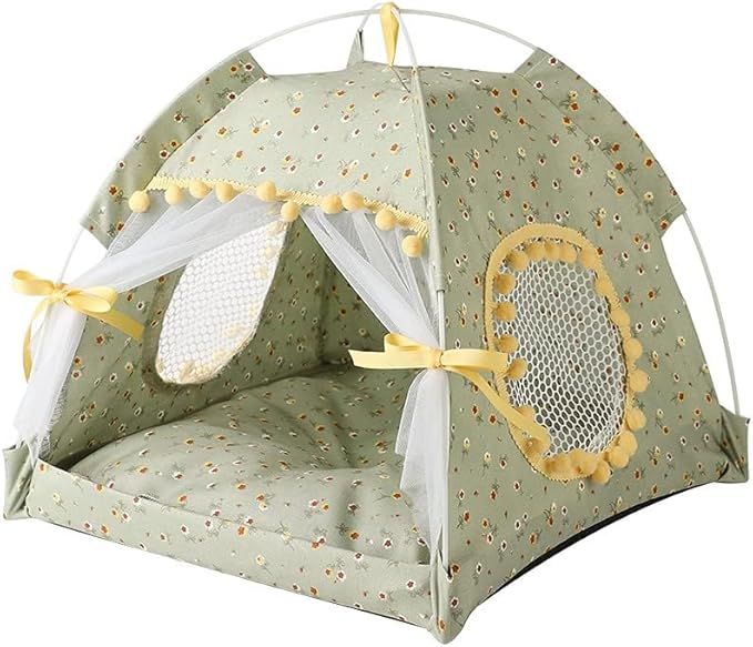 Cat Bed Tents Dog House Indoor Outdoor Lace Mesh Breathable Windows Door Curtains Removable Portable Nest Teepe House (Medium,Green&Yellow)