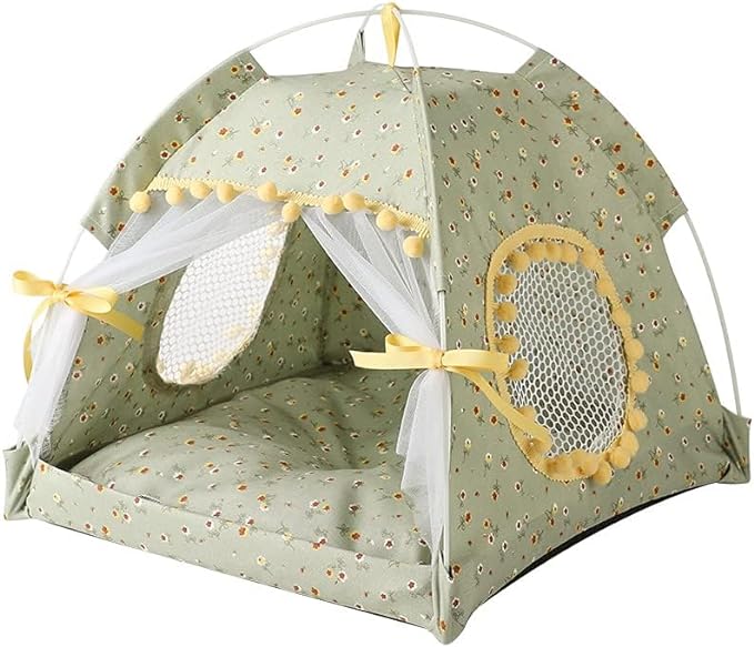 Cat Bed Tents Dog House Indoor Outdoor Lace Mesh Breathable Windows Door Curtains Removable Portable Nest Teepe House (Medium,Green&Yellow)