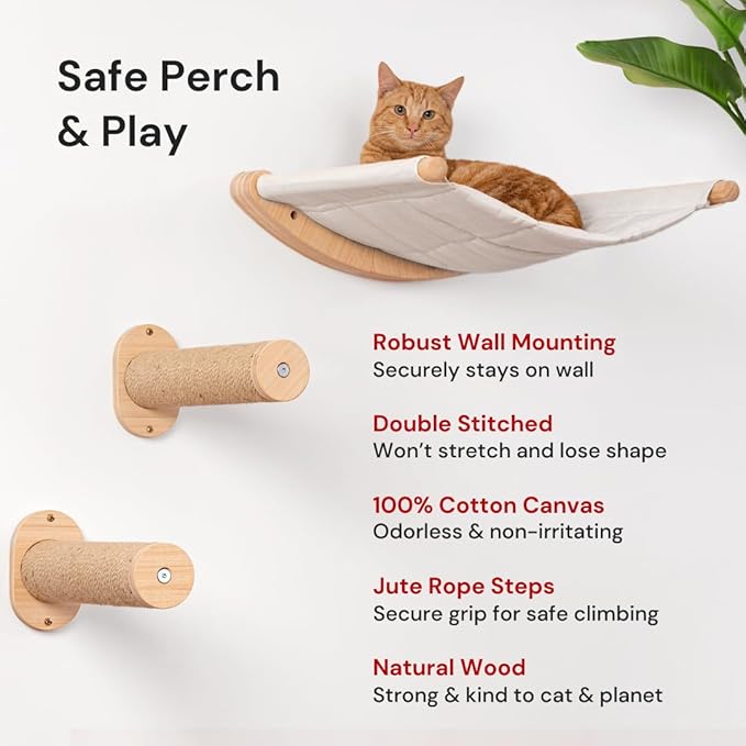 7 Ruby Road Cat Hammock Wall Mounted Cat Shelf with Two Steps - Cat Wall Shelves and Perches for Sleeping, Playing, Climbing, and Lounging - Modern Cat Bed & Furniture for Large Cats or Kitty