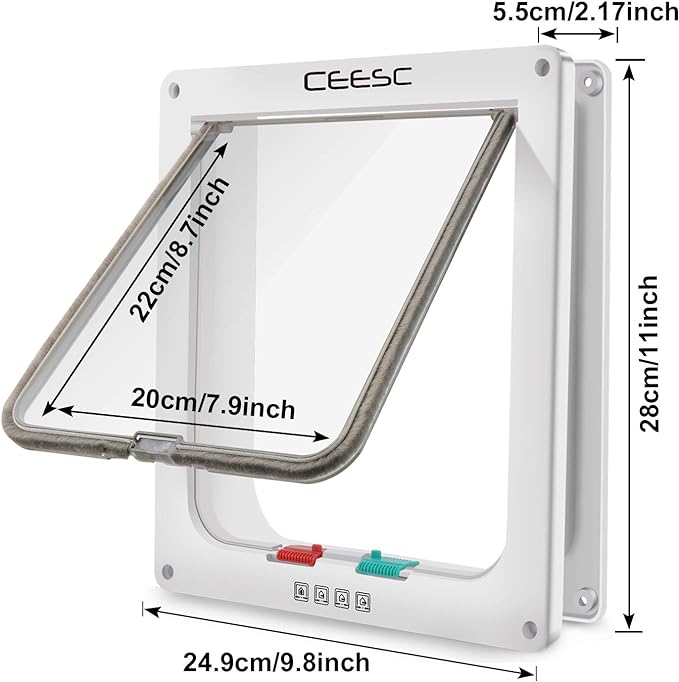CEESC Extra Large Cat Door (Outer Size 11" x 9.8"), 4 Way Locking Large Cat Door for Interior Exterior Doors, Weatherproof Pet Door for Cats & Doggie with Circumference < 24.8" (White)