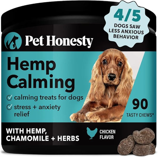 Pet Honesty Hemp Dog Calming Chews, Dog Anxiety Treats to Support Dog Anxiety, Melatonin for Dogs, Helps Aid with Thunder, Fireworks, Chewing & Barking (Chicken 90 Ct)