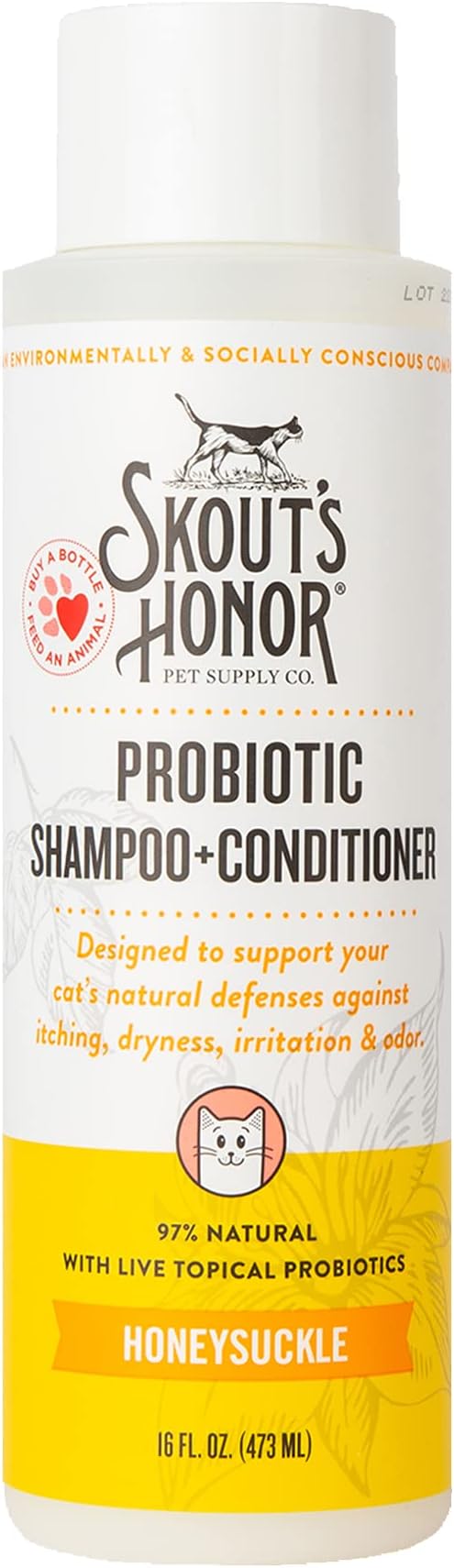 Skout's Honor Probiotic Cat Shampoo & Conditioner with Avocado Oil & Omega-3s, 97% Natural, Paraben & Sulfate-Free, Cruelty-Free, 16oz, Honeysuckle