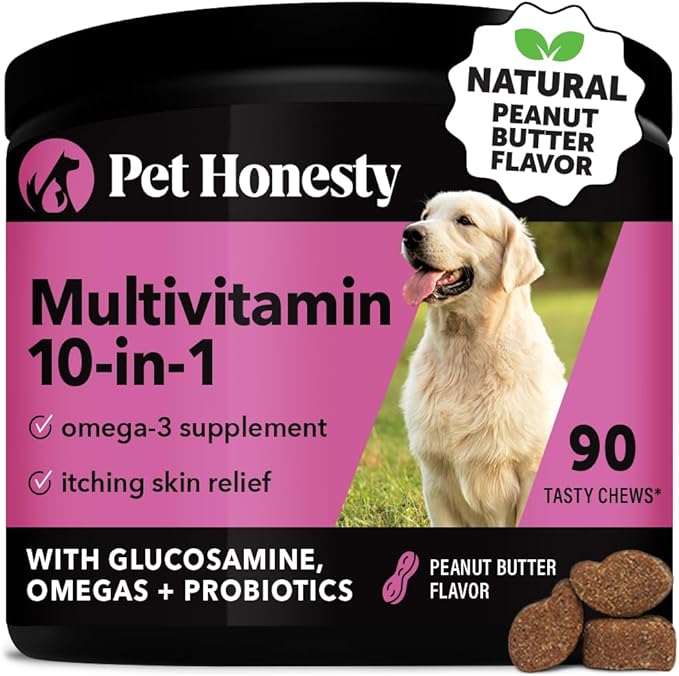 Pet Honesty Multivitamin Dog Supplement, Glucosamine chondroitin for dogs, Probiotics, Omega Fish oil, dog supplements & vitamins, dog vitamins for skin and coat allergies, (Peanut Butter 90 ct)