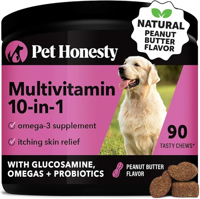 Pet Honesty Multivitamin Dog Supplement, Glucosamine chondroitin for dogs, Probiotics, Omega Fish oil, dog supplements & vitamins, dog vitamins for skin and coat allergies, (Peanut Butter 90 ct)