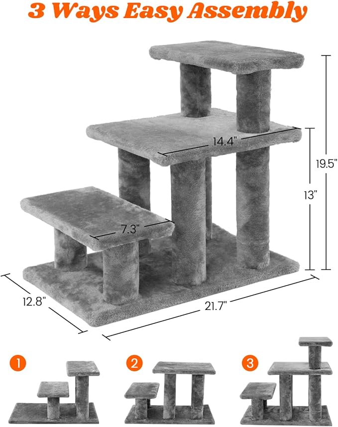 Pawque Dog Stairs for Small Dogs Old Cats, Pet Steps with High-Strength Boards and Plush Posts for High Beds Couch, Stable and Sturdy Pet Stairs, 3 Combination Options, 3 Steps-Grey