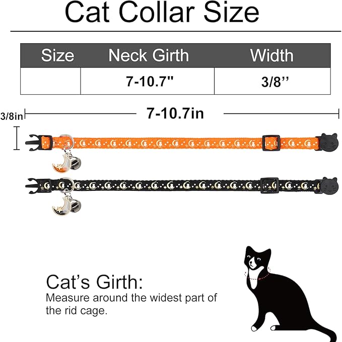 2 Pack Breakaway Cat Collar with Bells, Adjustable Moon and Star Kitten Safety Collars for Boys & Girls, Black+Orange