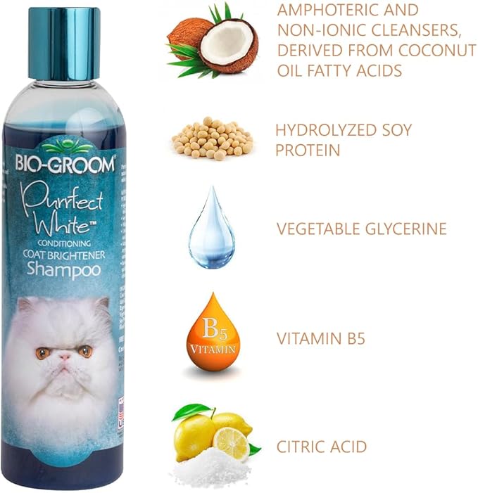 Bio-Groom Purrfect White Cat Shampoo – Color Enhancing Pet Shampoo, Cat Bathing Supplies, Kitten Wash, Cat Grooming Supplies, Cruelty-Free, Made in USA, Coat Brightener Shampoo – 8 fl oz 1-Pack