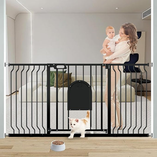 Baby Gate with Cat Door,29.5"-62" Extra Wide Pet Gates with Door Walk Thru, Auto Close Child Safety Gate for Doorways Stairs, Pressure Mounted Metal Dog Gate with Pet Door Adjustable, Black