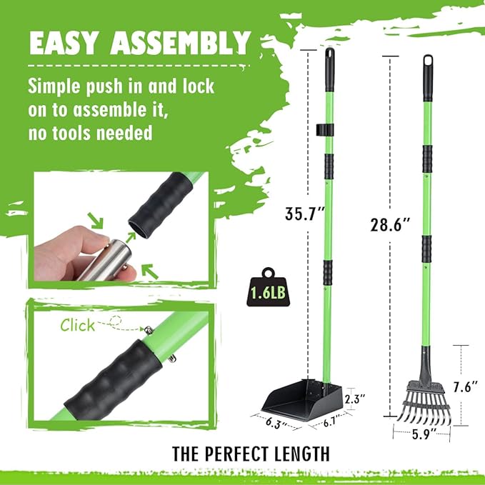 Pooper Scooper, Dog Pooper Scooper Long Handle Stainless Metal Tray and Rake Set for Medium Small Dogs Heavy Duty - Use on Grass, Dirt or Gravel - Pet Supplies (Green)