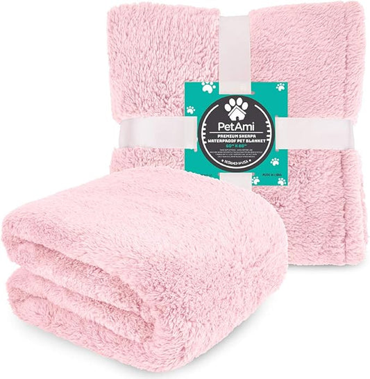 PetAmi Fluffy Waterproof Dog Blanket for Bed Large Dogs, Soft Warm Pet Sherpa Throw Pee Proof Couch Cover, Reversible Cat Blanket Sofa Crate Kennel Protector, Washable Mat (Pink Blush, 60x80)