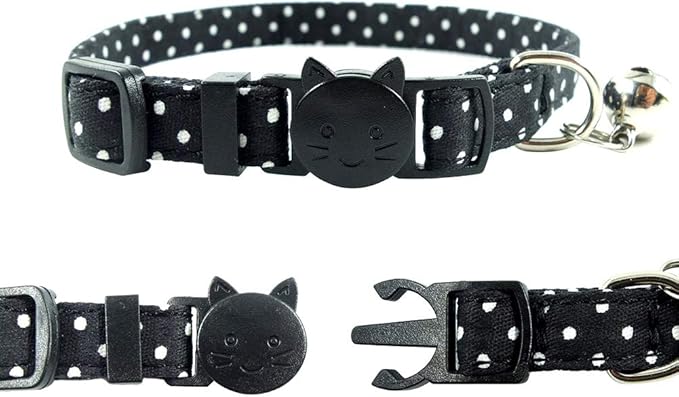 Cat Collar with Bell and Bow Tie, Breakaway Clasp Cute Dots Kitty Kitten Collar(6.8-10.8in)（Black Dots）