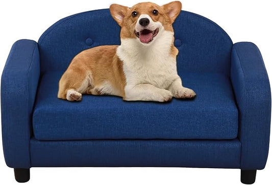 Dog Sofas and Chairs for Small Pet/Cat Sofa Bed with Wooden Frame/Bed for dogs with Linen Fabric/Cat Sofa Chair with Cushion/Dog Couch for Small Dog Rest Using (Blue)