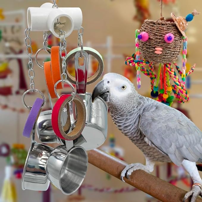 Durable Bird Parrots Pots and Bagel Toys, Pullable Stainless Steel Cup and Cardboard Ring Toys for Amazons Mini Macaws African Greys Cockatoos Eclectus