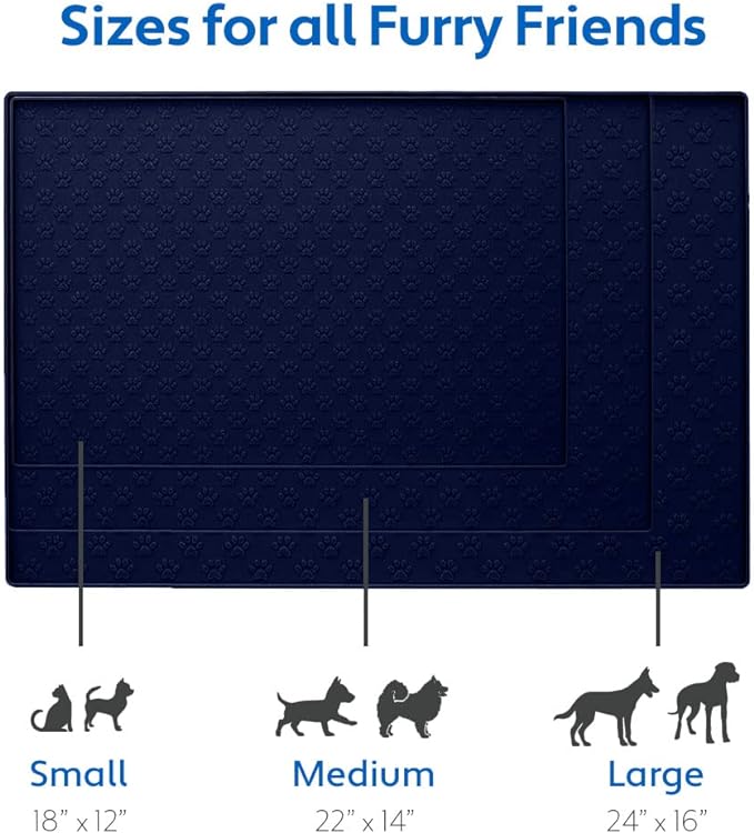 MIGHTY MONKEY 100% Waterproof Dog Food Mat, Raised Edges Silicone Pet Feeding Placemat for Cat, Dogs, Pet Bowls, High Lipped Tray Prevents Water Spills, Food on Floor, Dishwasher Safe, 18x12, Navy