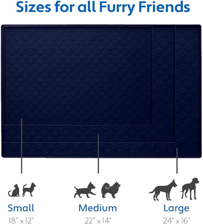 MIGHTY MONKEY 100% Waterproof Dog Food Mat, Raised Edges Silicone Pet Feeding Placemat for Cat, Dogs, Pet Bowls, High Lipped Tray Prevents Water Spills, Food on Floor, Dishwasher Safe, 24x16, Navy