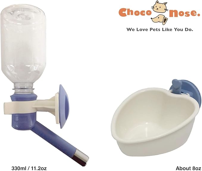 Choco Nose Patented Travel Crate No-Drip Water Bottle/Feeder and Detachable Food Dish Bowl Set for Dogs/Puppies/Cats/Rabbits and Other Small Sized Animals. 10.2 Oz. Nozzle 16mm, (C590 C607)