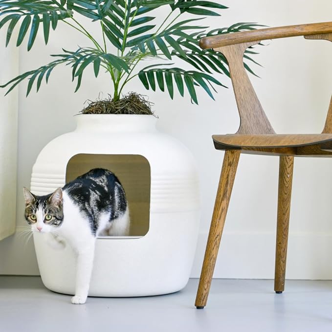 Good Pet Stuff, The Original Hidden Litter Box Base Kit, Round Enclosed Cat Litter Box Planter with Artificial Plants, Vented Carbon Odor Filter System, Florist Moss, Easy to Clean, White Birch