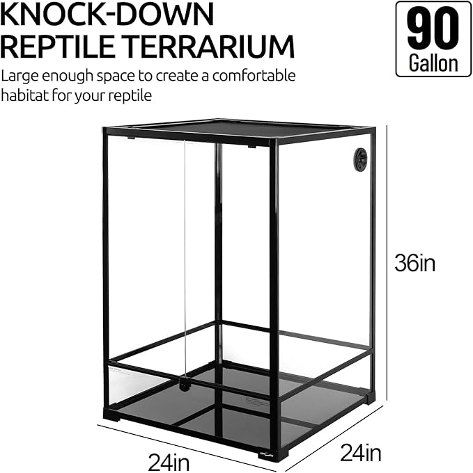 REPTIZOO 90 Gallon Reptile Terrarium 24" x 24" x 36" Large Glass Reptile Tank, Tall Reptile Terrarium with Front Opening Door and Top Screen Ventilation Easy Assembly Reptile Habitat Tank