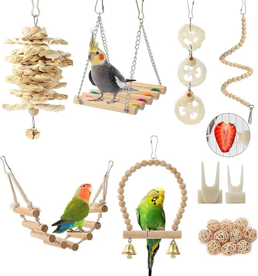 Bird Parrot Toys Swing Hanging,18 Pieces Bird Cage Accessories Toy Perch Ladder Chewing Toys Hammock for Parakeets,Cockatiels,Lovebirds,Conures,budgie,Macaws,Lovebirds,Finches and Other Small Pets