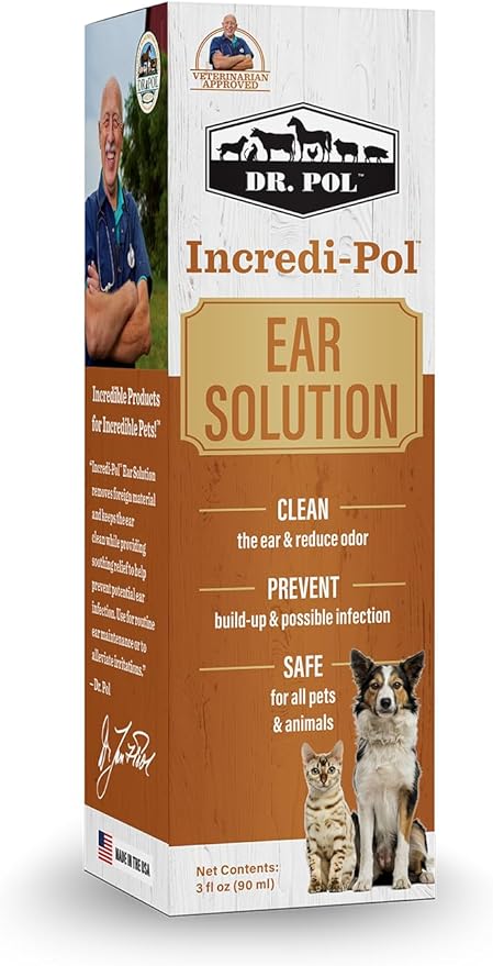 Dr. Pol Incredi-Pol Dog and Cat Ear Solution - Safe and Effective Ear Care Solution to Clean Ears and Prevent Ear Problems in Dogs, Cats, Horses, and More - 3 Fluid Ounces