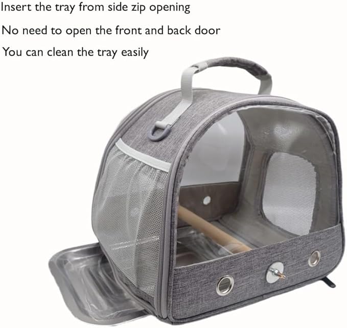 Bird Travel Carrier with Stand Perch and Stainless Tray,Portable Small Bird Parrot Parakeet Cockatiel Carrier for Hiking,Airline Approved. (Grey)