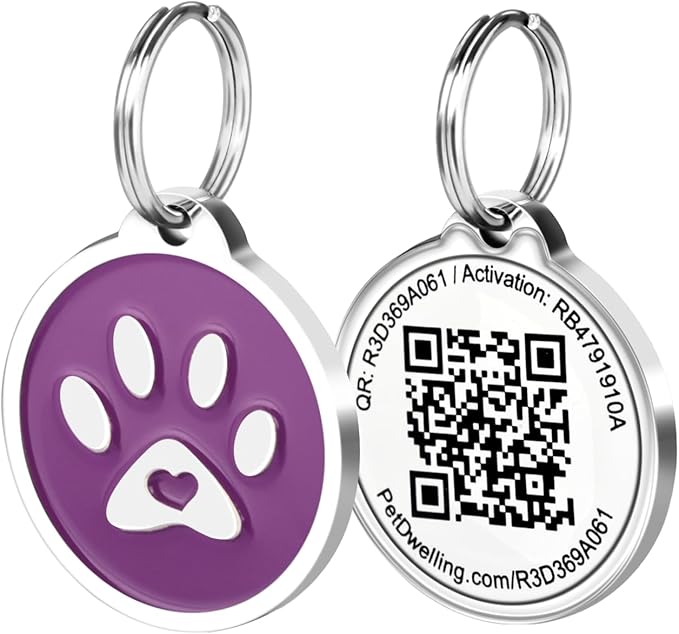 Premium Pet ID Tag for Dogs and Cats: Easy Scan QR Code, Instant Online Pet Profile Access, & Scan Location Alerts(Purple Paw)