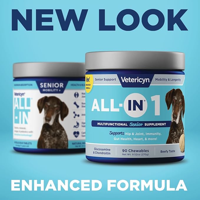 Vetericyn All-in 1 Multifunctional Senior Dog Supplement | Digestive Enzymes + Glucosamine Chondroitin for Hip and Joint Support + Vitamins, Antioxidants, Prebiotics, Probiotics, and Omegas. 90 Count