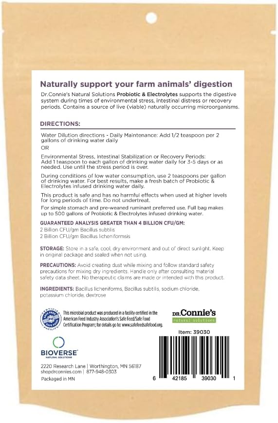 Dr. Connie's Probiotic + Electrolyte for Farm Animals | Supplement to Support A Healthy Gut | Veterinarian Formulated
