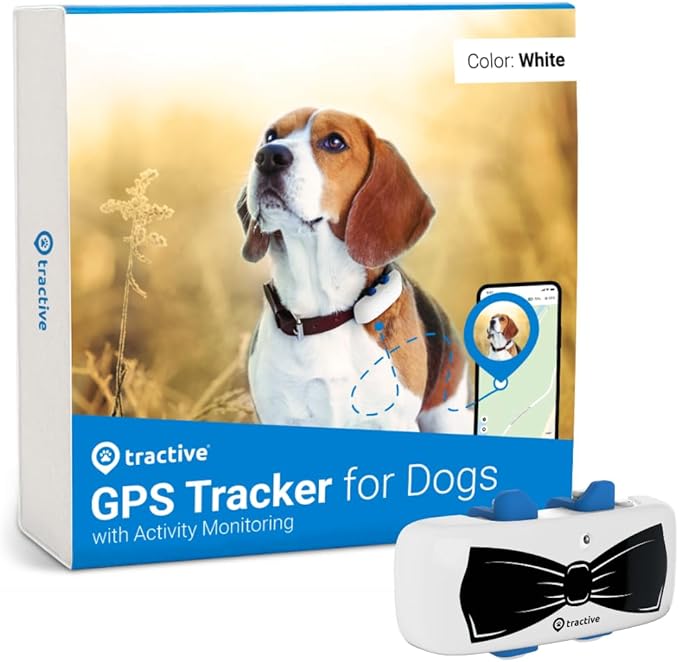 Tractive GPS Tracker & Health Monitoring for Dogs - Market Leading Pet GPS Location Tracker, Wellness & Escape Alerts, Waterproof, Works with Any Collar (White with Bow Tie Cover)