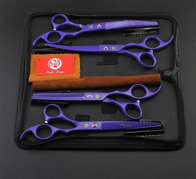 Purple Dragon Professional 7.0 inch 4PCS Pet Grooming Scissors Kit Japan Premium Steel Straight & Curved & Thinning Blade Dog Hair Cutting Shears Set with Case