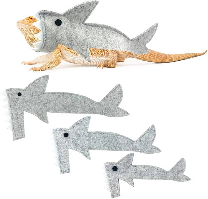 3Pcs Bearded Dragon Shark Outfit - S M L Lizard Reptile Shark Costume in One Package Handmade Felt Bearded Dragon Harness for Chameleon Gecko Anole Iguana Amphibians