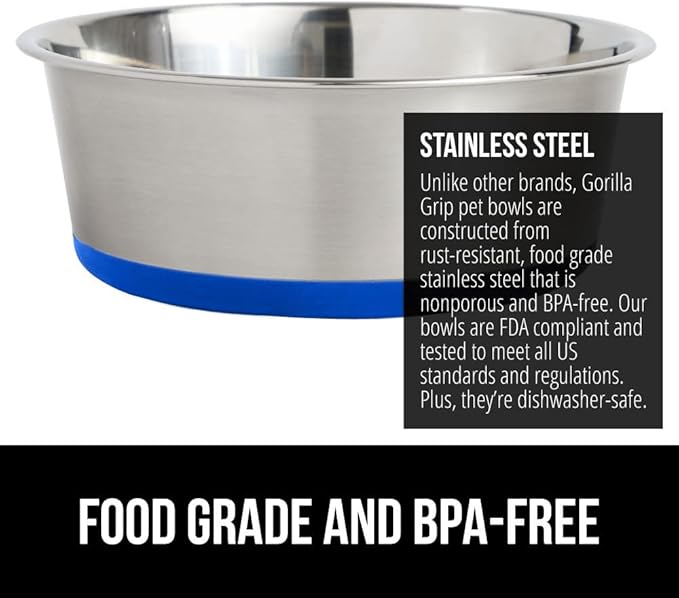 Gorilla Grip Stainless Steel Metal Dog Bowl Set of 2, Rubber Base, Heavy Duty Feeding Dishes, Food Grade BPA Free, Less Sliding, Quiet Pet Bowls for Cats and Dogs, Holds 8 Cups (64 fl oz), Royal Blue