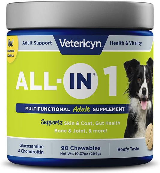 Vetericyn ALL-in 1 Multifunctional Dog Supplement | Digestive Enzymes + Glucosamine and Chondroitin for Bone and Joint Support + Vitamins, Antioxidants, Prebiotics, Probiotics, and Omegas. 90 Count