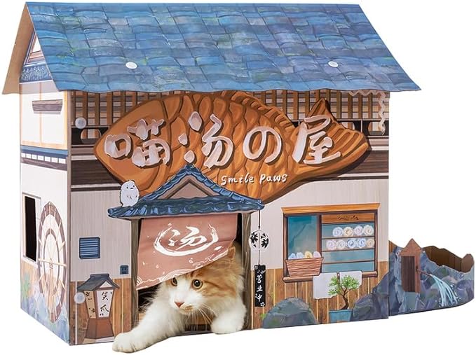 Cat Beds for Indoor Cats, Cardboard Cat House with Scratchers, Onsen Hotel, Large Sturdy Cat Furniture Condo Cave Tent, Easy to Assemble Pet Toys Accessories Stuffs, Bunny Small Animals