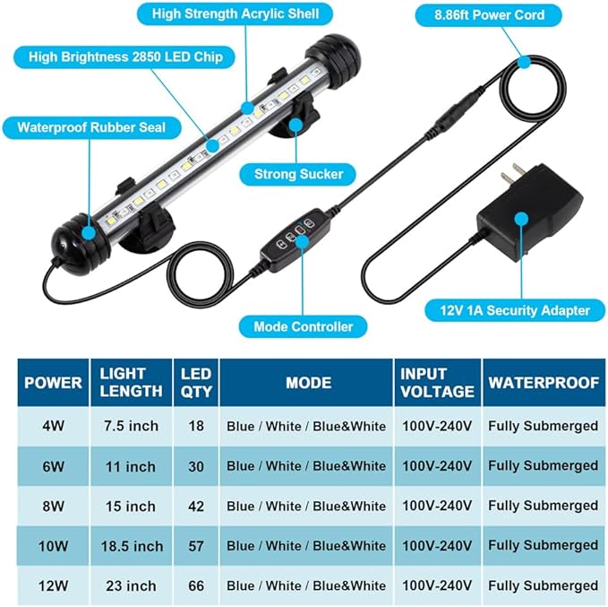 12W 23inch Submersible Aquarium Light Underwater Fish Tank Light LED Aquarium Light Bar with Timer Auto On/Off and Dimmer Adjustable Brightness, 1 Yr Warranty