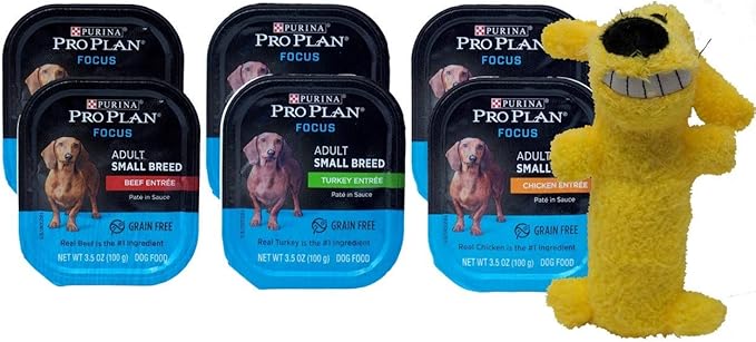 Purina Pro Plan Small Breed Grain Free Wet Dog Food - 3 Flavor Variety 6 Can Bundle, (2) Each: Beef, Turkey, Chicken (3.5oz) Plus Squeaker Toy