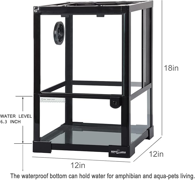 REPTI ZOO Amphibian Habitat Tank 10 Gallon, Full Vision Glass Reptile Terrarium 12" x 12" x 18", Vertical Reptile Tank with Deep Base & Top Screen Ventilation