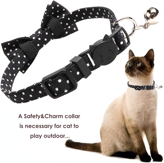 Cat Collar with Bell and Bow Tie, Breakaway Clasp Cute Dots Kitty Kitten Collar(6.8-10.8in)（Black Dots）