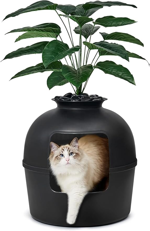 Secret Litter Box by Bundle & Bliss - Hidden Litter Box Enclosure with Odor Control Carbon Filter, Faux Plant and Real Stones, Perfect for Large Cats (Matte Black)