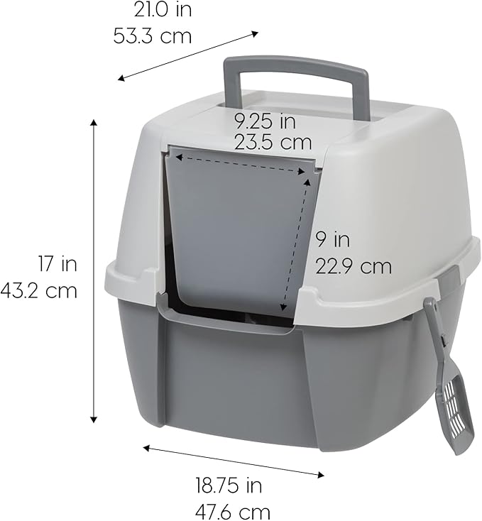 IRIS USA Jumbo Cat Litter Box Enclosure with Front Door Flap and Scoop, Hooded Kitty Litter Tray with Handle and Buckles for Portability and Privacy, Gray