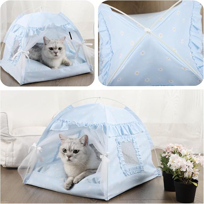 Cat Bed Tents Dog House Indoor Outdoor Lace Mesh Breathable Windows Door Curtains Removable Portable Nest Teepe House (Large,Blue)