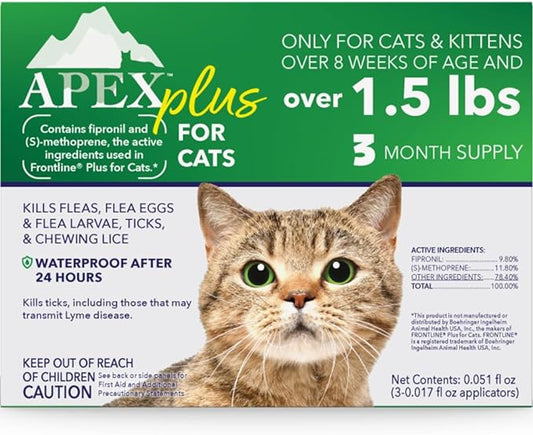 Apex Plus Flea Treatment for Cats, 1.5+ lbs | 3-Month Supply | Cat Flea and Tick Treatment Drops | 24-Hour Activation, Waterproof, 30-Day Protection