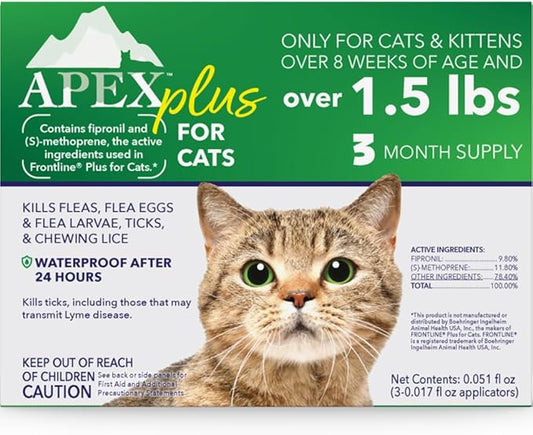 Apex Plus Flea Treatment for Cats, 1.5+ lbs | 3-Month Supply | Cat Flea and Tick Treatment Drops | 24-Hour Activation, Waterproof, 30-Day Protection