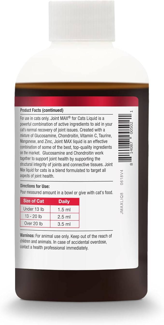 Joint MAX Liquid for Cats - Vitamins, Minerals, Antioxidants - Glucosamine, Chondroitin - Supports Joints and Cartilage Health, Chicken Flavor - Veterinarian Formulated - 8 fl oz