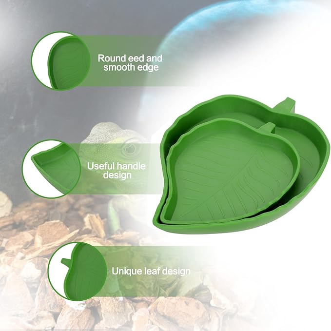 Reptile Leaf Food Water Bowl, 2 Pieces Reptile Leaf Shape Dish Flat Drinking Bowl Water Plate for Turtle Lizards, Hamsters, Snakes 2 Sizes