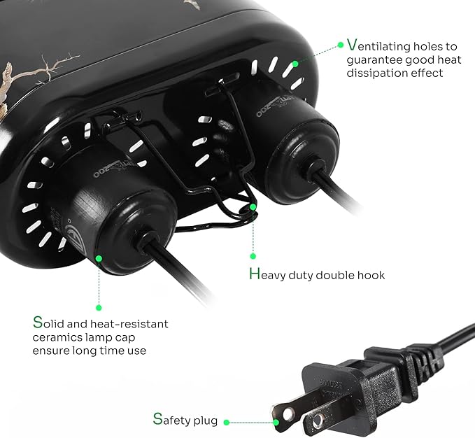 REPTI ZOO Nano Combo Print Tropical Desert Reptile Dual Deep Dome Lamp Fixture for Reptile Max 40 Watts Max Bulb Height 4 in Per Socket UVB Light Fixture Dual Lamp Cap Combo Integration Design