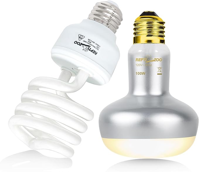REPTIZOO Reptile Heat Lamp Combo Pack with Dual Reptile Light Fixture, 100W Intense Basking Spot Light UVA Daylight Heating Lamp & 26W Energy Saving UVA UVB Bulb Spiral Compact Bulb 10.0
