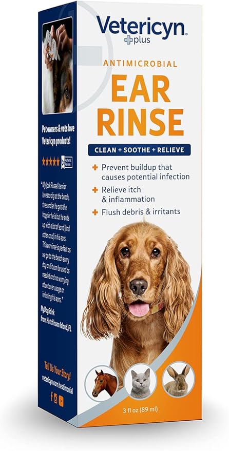 Vetericyn Plus Dog Ear Rinse | Dog Ear Cleaner to Soothe and Relieve Itchy Ears, Safe for Cat Ears, Rabbit Ears, and All Animal's Ear Problems. 3 ounces