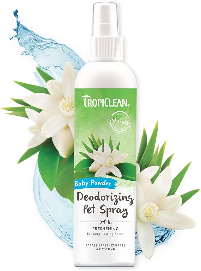 TropiClean Baby Powder Dog Perfume Spray Long Lasting | Naturally Derived Odor Removing Dog Deodorizing Spray | Cat Friendly | Made in USA | 8 oz